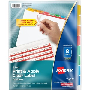 Avery 8 Tab Dividers for 3 Ring Binder, Easy Print & Apply Clear Label Strip, Index Maker Customizable Multicolor Tabs, 5 Sets (11419)(Multi-color)