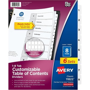 Avery 8 Tab Dividers for 3 Ring Binders, Customizable Table of Contents, Classic White Tabs, 6 Sets (11822)(8 Tab (Pack of 10))