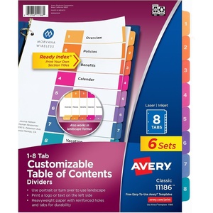 Avery 8 Tab Dividers for 3 Ring Binders, Customizable Table of Contents, Multicolor Tabs, 6 Sets (11186)(8 tabs (Pack of 10))