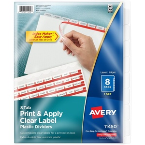 Avery 8 Tab Plastic Dividers for 3 Ring Binder, Easy Print & Apply Clear Label Strip, Index Maker Customizable Frosted White Tabs, 5 Sets (12450)(Frosted White)