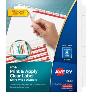 Avery 8-Tab Extra Wide Binder Dividers, Easy Print & Apply Clear Label Strip, Index Maker,White, 5 Sets (11441)(One Size)