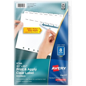 Avery 8-Tab Mini Binder Dividers, 5.5″ x 8.5″, Easy Print & Apply Clear Label Strip, White Tabs, 1 Set (11427)