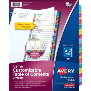 Avery A-Z Dividers for 3 Ring Binders, 26 Tabs per Set, Customizable Table of Contents, Multicolor Tabs, Great for Organizing Reports, Projects, and More (12 Sets of 11125)(Contemporary)