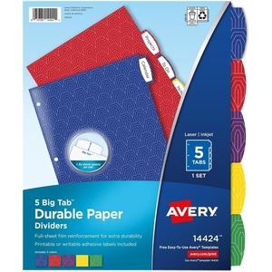 Avery Big Tab Durable Paper Dividers for 3 Ring Binders, 8 Tabs per Set, White Printable Labels, 1 Set, Perfect for School, Office, and Home Organization (14423)(Primary)
