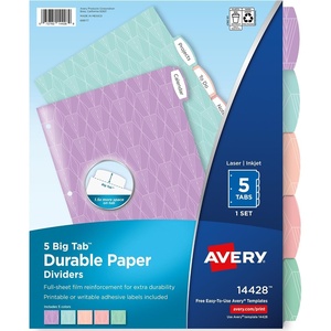 Avery Big Tab Durable Paper Dividers for 3 Ring Binders, 8 Tabs per Set, White Printable Labels, 1 Set, Perfect for School, Office, and Home Organization (14423)(Pastel)