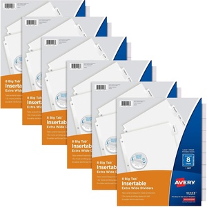 Avery Big Tab Extra-Wide Insertable Clear Tab Dividers for 3 Ring Binders, 8-Tab Set, White, 6 Sets (11254)(White)