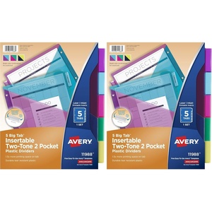 Avery Big Tab Insertable Plastic 2 Pocket Dividers for 3 Ring Binders, 5 Tab Set, Bright Two-Tone Multicolor, Works with Sheet Protectors, 1 Set (00031)(2 Pack)