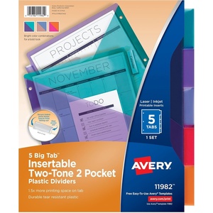 Avery Big Tab Insertable Plastic 2 Pocket Dividers for 3 Ring Binders, 5 Tab Set, Two-Tone Multicolor, Works with Sheet Protectors, 1 Binder Divider Set (11982)((Pack of 24))