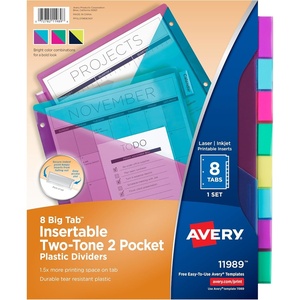 Avery Big Tab Insertable Plastic 2 Pocket Dividers for 3 Ring Binders, 8 Tab Set, Bright Two-Tone Multicolor, Works with Sheet Protectors, 1 Set (11989)(Plastic Dividers)