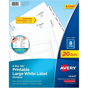 Avery Big Tab Printable Large White Label Dividers for 3 Ring Binders, 8 Tabs per Set, White, Great for Office Supplies, School Supplies, Organizing, and More (20 Sets of 14441)(20 sets (Pack of 6))