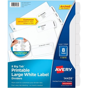 Avery Big Tab Printable Large White Label Dividers with Easy Peel, 8 Tabs, 4 Sets (14439)(4 sets)