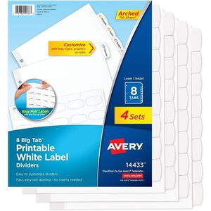 Avery Big Tab Printable White Label Dividers for 3 Ring Binders, 8 Tabs per Set, White, Great for Office Supplies, School Supplies, Organizing, and More (4 Sets of 14433)(4 Sets (Pack of 12))
