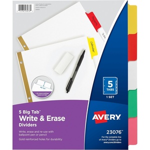 Avery Big Tab Write & Erase Dividers for 3 Ring Binders, 5-Tab Set, Multicolor Divider Tabs, 1 Set of Binder Dividers, Great for Organizing Projects, Reports, Finances, and More (23076)