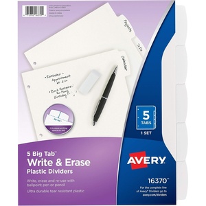 Avery Big Tab Write & Erase Durable Plastic Dividers for 3 Ring Binders, 5-Tab Set, White, 1 Set (16370)(1 Set)