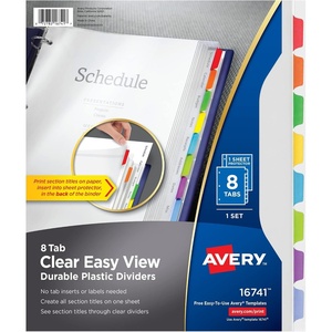 Avery Clear Easy View Durable Plastic Dividers for 3 Ring Binders, 8-Tab Set, Bright Multicolor, 1 Set (16741)(Dividers)