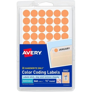 Avery Color-Coding Removable Labels, 1/2 Inch Round Stickers, Neon Orange, Non-Printable, 840 Dot Stickers Total (5062)