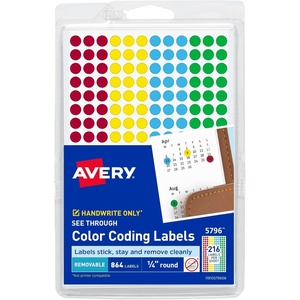 Avery Color-Coding Removable Labels, 1/4 Inch Round Labels, Assorted Colors, Non-Printable, 3 Packs, 2,304 Dot Stickers Total (5641)(See Through)