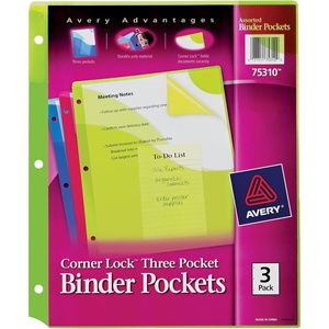 Avery Corner Lock Binder Pockets for 3 Ring Binders, Assorted Colors, for 8.5″ x 11″ Documents, Acid-Free and Archival-Safe, 3 Binder Folders Total (75310)