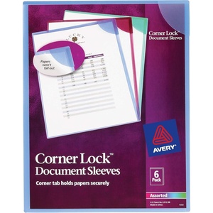 Avery Corner Lock Document Sleeves, Holds up to 20 Sheets, Assorted Colors, 6 Plastic Sleeves (72262)(0)