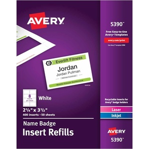 Avery Customizable Name Badge Inserts, 2.25″ x 3.5″, White, 400 Printable Name Tag Inserts (5390)(3-1/2 in. X 2-1/4 in.)