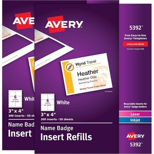 Avery Customizable Name Badge Inserts for Name Tag Holders, 3″ x 4″, White, Laser/Inkjet Printable, 300 Total (5392)(600)