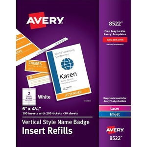 Avery Customizable Name Badges, 6″ x 4.25″, Laser/Inkjet Printable Inserts Including Tickets, 25 Vertical Name Tag Holders, Includes Lanyards (8520)(500)