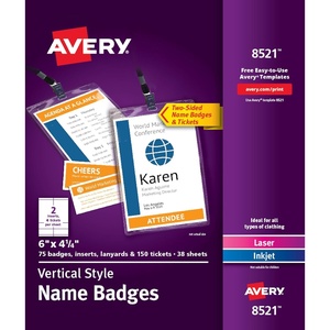 Avery Customizable Name Badges, 6″ x 4.25″, Laser/Inkjet Printable Inserts Including Tickets, 25 Vertical Name Tag Holders, Includes Lanyards (8520)(75)