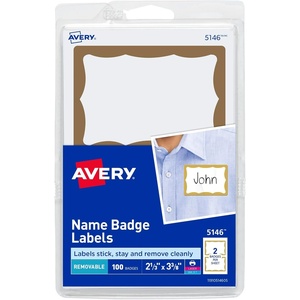 Avery Customizable Name Tags, 2-1/3″ x 3-3/8″, White with Blue Border, 6 Packs of 100, 600 Removable Name Badges Total (44144)(Gold Border)