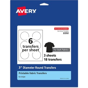 Avery Dark Transfer Paper for T-Shirts, 3″ Diameter Pre Die-Cut Iron-On Circle Transfers, Print-to-the-Edge, 3 Sheets of Heat Transfer Paper, 18 Total (02232)