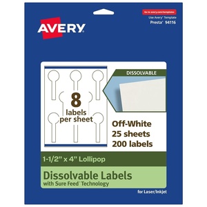 Avery Dissolvable Lollipop Labels, Sure Feed Technology, 1.5″ x 4″, Matte White, Print-to-The-Edge, Laser/Inkjet Printable, 40 Labels Total(200 labels)