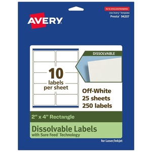 Avery Dissolvable Rectangle Labels, Sure Feed Technology, 2″ x 4″, Matte White, Laser/Inkjet Printable, 250 Labels Total, Freezer-Safe, Microwave-Safe, Refrigerator-Safe(250 labels)