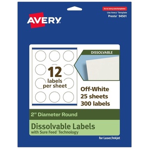 Avery Dissolvable Round Labels, Sure Feed Technology, 2″ Diameter, Matte White, Print-to-The-Edge, Laser/Inkjet Printable, 60 Labels Total(300 labels)