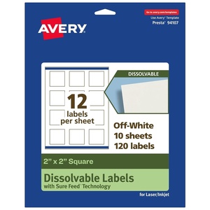 Avery Dissolvable Square Labels, Sure Feed Technology, 2″ x 2″, Matte White, Print-to-The-Edge, Laser/Inkjet Printable, 120 Labels Total(120 labels)