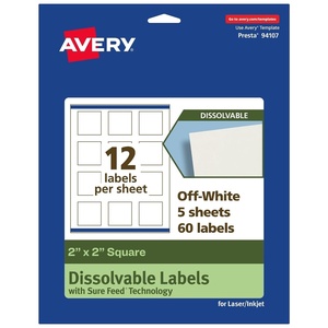 Avery Dissolvable Square Labels, Sure Feed Technology, 2″ x 2″, Matte White, Print-to-The-Edge, Laser/Inkjet Printable, 120 Labels Total(60 labels)