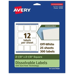 Avery Dissolvable Square Labels, Sure Feed Technology, 2-1/8″ x 2-1/8″, Matte White, Print-to-The-Edge, Laser/Inkjet Printable, 120 Labels Total(300 labels)