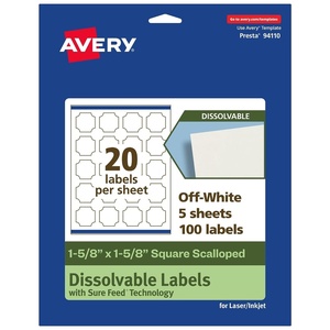 Avery Dissolvable Square Scalloped Labels, Sure Feed Technology, 1-5/8″ x 1-5/8″, Matte White, Print-to-The-Edge, Laser/Inkjet Printable, 100 Labels Total(100 labels)