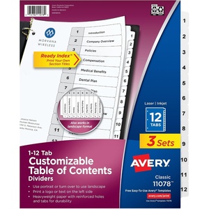Avery Dividers for 3 Ring Binders, 12 Tabs per Set, Customizable Table of Contents, Classic White Tabs, Great for Organizing Reports, Projects, and More (3 Sets of 11078)(0)