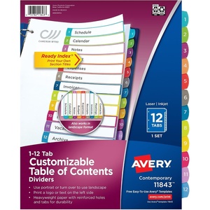 Avery Dividers for 3 Ring Binders, 12 Tabs per Set, Customizable Table of Contents, Multicolor Arched Tabs, Great for Organizing Reports, Projects, and More (24 Sets of 11843)(1 Set)