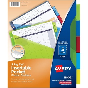 Avery Dividers for 3 Ring Binders, 5 Tab Plastic Binder Dividers, Pockets, Insertable Big Tabs, Multicolor, Extend Beyond Sheet Protectors, 1 Set (11902)(Dividers)