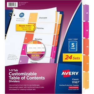 Avery Dividers for 3 Ring Binders, 5 Tabs per Set, Customizable Table of Contents, Multicolor Tabs, Great for Organizing High-Volume Reports, Projects, and More (24 Sets of 11167)(5 tabs)