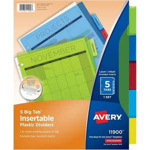 Avery Dividers for 3 Ring Binders, 5-Tab Plastic Binder Dividers, Insertable Big Tabs, Multicolor, 1 Set (11900)