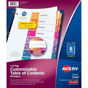 Avery Dividers for 3 Ring Binders, 8 Tabs per Set, Customizable Table of Contents, Multicolor Tabs, Great for Organizing High-Volume Reports, Projects, and More (24 Sets of 11168)(True)