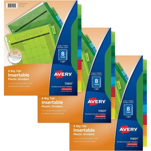 Avery Dividers for 3 Ring Binders, 8-Tab Plastic Binder Dividers, Insertable Big Tabs, Multicolor (3 Sets of 11901)(8 Tab)