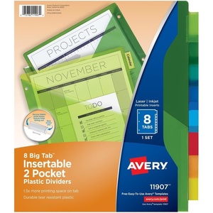 Avery Dividers for 3 Ring Binders, 8-Tab Two-Pocket Plastic Binder Dividers, Multicolor (24 Sets of 11907)