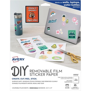 Avery Durable DIY Sticker Paper, 8.5″ x 11″, Removable Surface Safe Adhesive, Water-Resistant with Laser or Pigment-Inkjet Printers, 3 Full-Size Label Sheets (61512)(0)