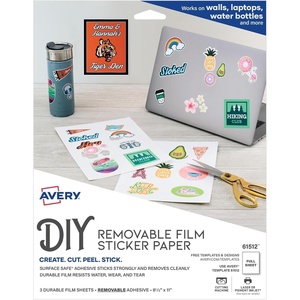 Avery Durable DIY Sticker Paper, 8.5″ x 11″, Removable Surface Safe Adhesive, Water-Resistant with Laser or Pigment-Inkjet Printers, 3 Full-Size Label Sheets (61512)(0 (Pack of 5))