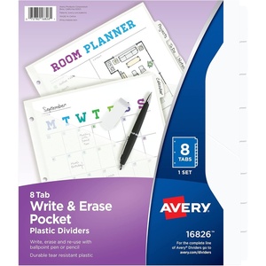 Avery Durable Plastic 8 Tab Write & Erase Dividers for 3 Ring Binders, Slash Pocket, Translucent White, Works with Sheet Protectors, 1 Set (16826)