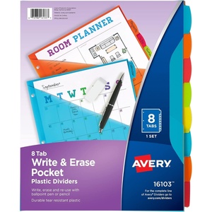 Avery Durable Plastic 8 Tab Write & Erase Dividers with Pockets for 3 Ring Binders, Multi Brights, Works with Sheet Protectors (16103)