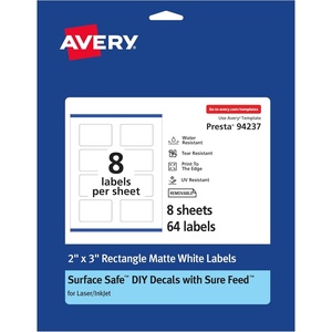 Avery Durable Removable Rectangle Labels, Sure Feed Technology, 2″ x 3″, Matte White Film, Water-Resistant, Print-to-The-Edge, Laser/Pigment-Based Inkjet Printable, 64 Total(64 labels)