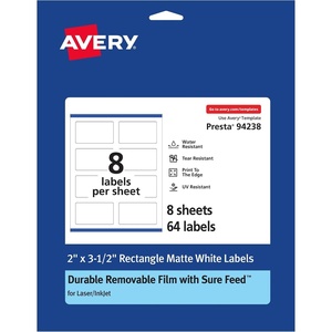 Avery Durable Removable Rectangle Labels, Sure Feed Technology, 2″ x 3.5″, Matte White Film, Water-Resistant, Print-to-The-Edge, Laser/Pigment-Based Inkjet Printable, 200 Total(64 labels)